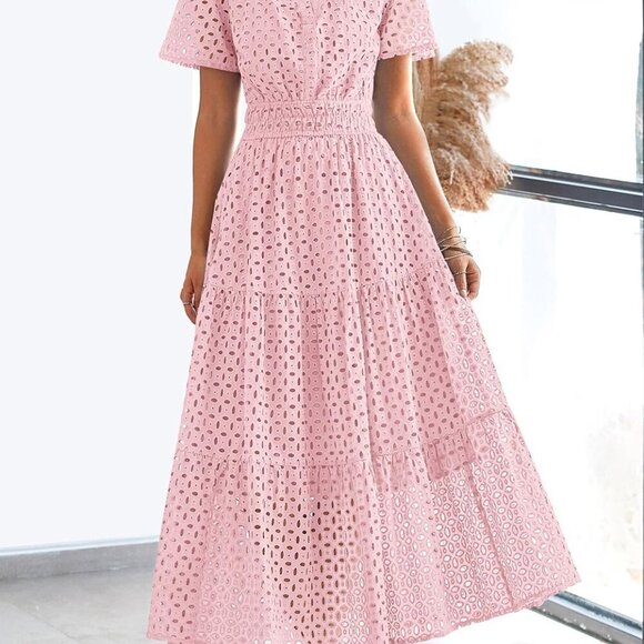 Womens 2025 Summer Maxi Dress Short Sleeve V Neck Hollow Out Eyelet A Line Long - Picture 7 of 7